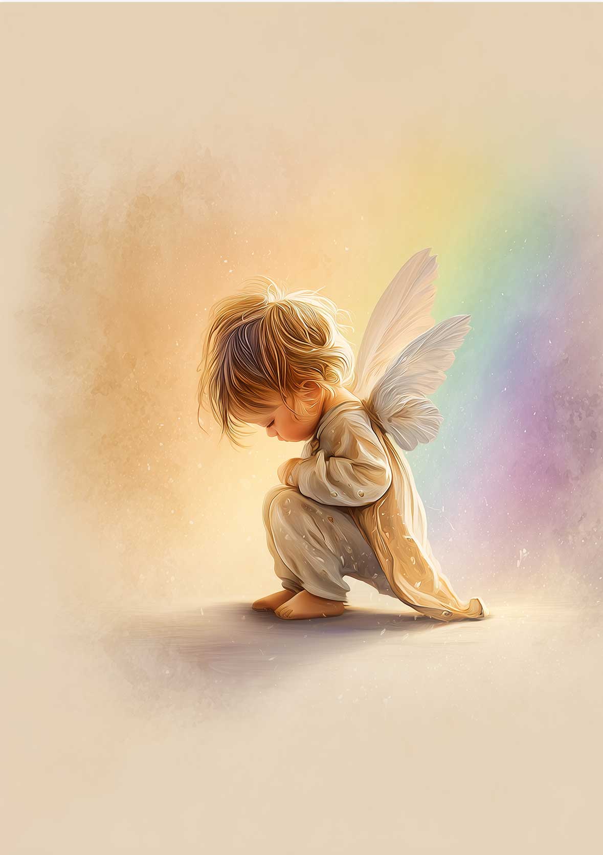 Kleiner sitzender Engel im Licht als Erinnerungsbild Sternenkind